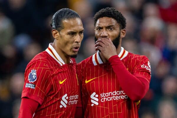 LIVERPOOL, ENGLAND - Saturday, November 2, 2024: Liverpool's captain Virgil van Dijk (L) and Joe Gomez during the FA Premier League match between Liverpool FC and Brighton & Hove Albion FC at Anfield. (Photo by David Rawcliffe/Propaganda)