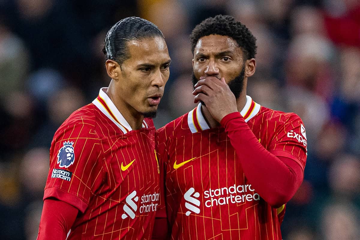 LIVERPOOL, ENGLAND - Saturday, November 2, 2024: Liverpool's captain Virgil van Dijk (L) and Joe Gomez during the FA Premier League match between Liverpool FC and Brighton & Hove Albion FC at Anfield. (Photo by David Rawcliffe/Propaganda)