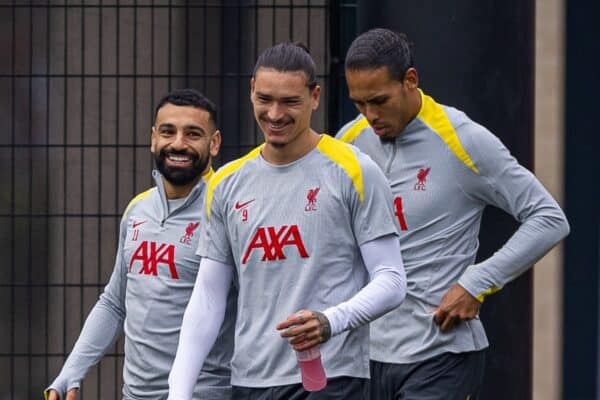 LIVERPOOL, ENGLAND - Monday, November 4, 2024: Liverpool's Mohamed Salah, Darwin Núñez and captain Virgil van Dijk during a training session at the AXA Training Centre ahead of the UEFA Champions League match between Liverpool FC and Bayer 04 Leverkusen. (Photo by David Rawcliffe/Propaganda)