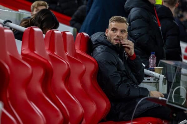 LIVERPOOL, ENGLAND - Saturday, November 9, 2024: Liverpool's substitute goalkeeper Vitezslav Jaros on the bench before the FA Premier League match between Liverpool FC and Aston Villa FC at Anfield. (Photo by David Rawcliffe/Propaganda)