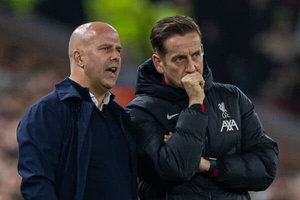 LIVERPOOL, ENGLAND - Saturday, November 9, 2024: Liverpool's head coach Arne Slot (L) and first team individual development coach Aaron Briggs during the FA Premier League match between Liverpool FC and Aston Villa FC at Anfield. Liverpool won 2-0. (Photo by David Rawcliffe/Propaganda)