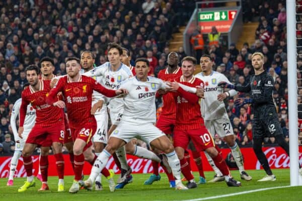LIVERPOOL, ENGLAND - Saturday, November 9, 2024: Liverpool's Dominik Szoboszlai, Andy Robertson, Alexis Mac Allister during the FA Premier League match between Liverpool FC and Aston Villa FC at Anfield. Liverpool won 2-0. (Photo by David Rawcliffe/Propaganda)