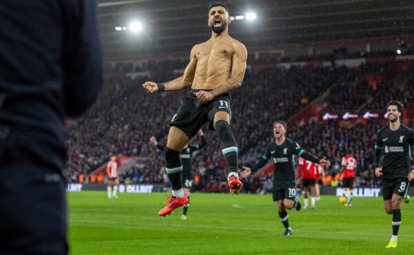 SOUTHAMPTON, ENGLAND - Sunday, November 24, 2024: Liverpool's Mohamed Salah takes off his shirt as he celebrates after scoring the winning third goal during the FA Premier League match between Southampton FC and Liverpool FC at St Mary's Stadium. Liverpool won 3-2. (Photo by David Rawcliffe/Propaganda)