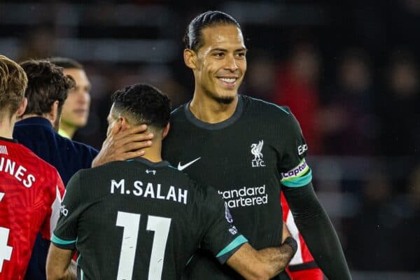 SOUTHAMPTON, ENGLAND - Sunday, November 24, 2024: Liverpool's captain Virgil van Dijk (R) celebrates with Mohamed Salah after the FA Premier League match between Southampton FC and Liverpool FC at St Mary's Stadium. Liverpool won 3-2. (Photo by David Rawcliffe/Propaganda)