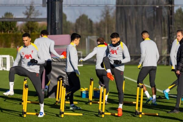 LIVERPOOL, ENGLAND - Tuesday, November 26, 2024: Liverpool's Trent Alexander-Arnold and Mohamed Salah during a training session at the AXA Training Centre ahead of the UEFA Champions League match between Liverpool FC and Real Madrid CF. (Photo by David Rawcliffe/Propaganda)