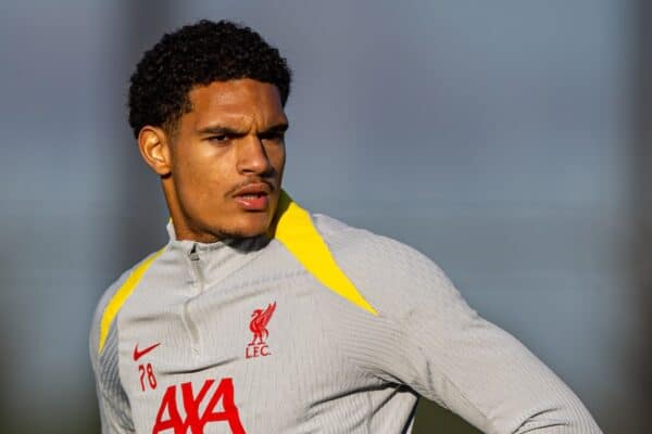 LIVERPOOL, ENGLAND - Tuesday, November 26, 2024: Liverpool's Jarell Quansah during a training session at the AXA Training Centre ahead of the UEFA Champions League match between Liverpool FC and Real Madrid CF. (Photo by David Rawcliffe/Propaganda)