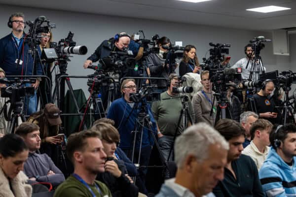 LIVERPOOL, ENGLAND - Tuesday, November 26, 2024: Media during a press conference at Anfield ahead of the UEFA Champions League game between Liverpool FC and Real Madrid CF. (Photo by David Rawcliffe/Propaganda)