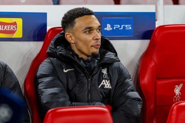 LIVERPOOL, ENGLAND - Wednesday, November 27, 2024: Liverpool's substitute Trent Alexander-Arnold on the bench before during the UEFA Champions League game between Liverpool FC and Real Madrid CF at Anfield. (Photo by David Rawcliffe/Propaganda)
