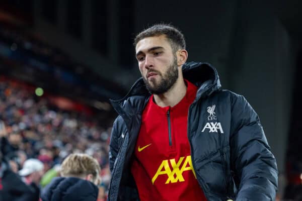 LIVERPOOL, ENGLAND - Wednesday, November 27, 2024: Liverpool's substitute goalkeeper Harvey Davies during the UEFA Champions League game between Liverpool FC and Real Madrid CF at Anfield. (Photo by David Rawcliffe/Propaganda)