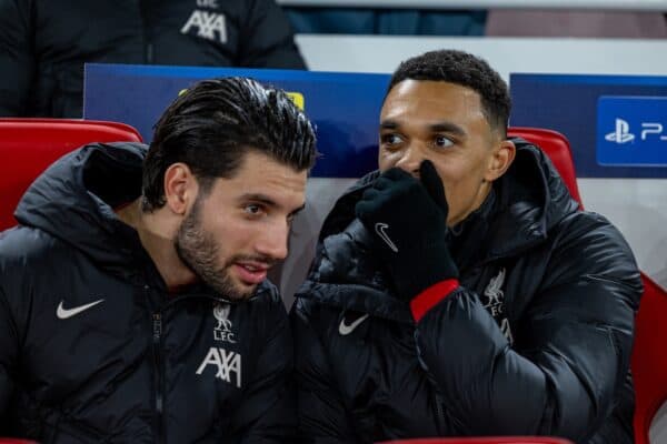 LIVERPOOL, ENGLAND - Wednesday, November 27, 2024: Liverpool substitutes Dominik Szoboszlai (L) and Trent Alexander-Arnold on the bench before the UEFA Champions League game between Liverpool FC and Real Madrid CF at Anfield. (Photo by David Rawcliffe/Propaganda)
