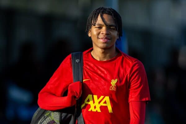 LIVERPOOL, ENGLAND - Saturday, November 30, 2024: Liverpool's substitute Rio Ngumoha before the Under-18 Premier League match between Everton FC Under-18's and Liverpool FC Under-18's. the Mini-Mini-Merseyside Derby, at Finch Farm. (Photo by David Rawcliffe/Propaganda)