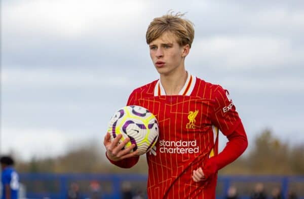 LIVERPOOL, ENGLAND - Saturday, November 30, 2024: Liverpool's Oliver O'Conner during the Under-18 Premier League match between Everton FC Under-18's and Liverpool FC Under-18's. the Mini-Mini-Merseyside Derby, at Finch Farm. (Photo by David Rawcliffe/Propaganda)