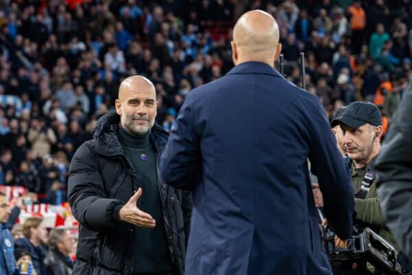 LIVERPOOL, ENGLAND - Sunday, December 1, 2024: Manchester City's manager Josep 'Pep' Guardiola (L) shakes hands with Liverpool's head coach Arne Slot during the FA Premier League match between Liverpool FC and Manchester City FC at Anfield. (Photo by David Rawcliffe/Propaganda)