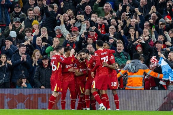 LIVERPOOL, ENGLAND - Sunday, December 1, 2024: Liverpool's Mohamed Salah celebrates after scoring the second goal during the FA Premier League match between Liverpool FC and Manchester City FC at Anfield. Liverpool won 2-0. (Photo by David Rawcliffe/Propaganda)