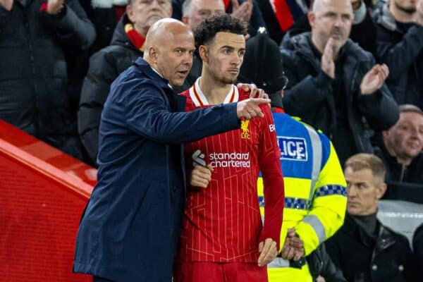 LIVERPOOL, ENGLAND - Sunday, December 1, 2024: Liverpool's head coach Arne Slot prepares to bring on substitute Curtis Jones during the FA Premier League match between Liverpool FC and Manchester City FC at Anfield. Liverpool won 2-0. (Photo by David Rawcliffe/Propaganda)