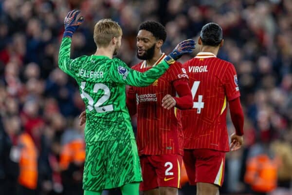 LIVERPOOL, ENGLAND - Sunday, December 1, 2024: Liverpool's goalkeeper Caoimhin Kelleher and Joe Gomez celebrate at the final whistle during the FA Premier League match between Liverpool FC and Manchester City FC at Anfield. Liverpool won 2-0. (Photo by David Rawcliffe/Propaganda)
