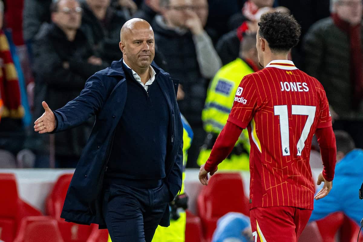 LIVERPOOL, ENGLAND - Sunday, December 1, 2024: Liverpool's head coach Arne Slot (L) and Curtis Jones after the FA Premier League match between Liverpool FC and Manchester City FC at Anfield. Liverpool won 2-0. (Photo by David Rawcliffe/Propaganda)