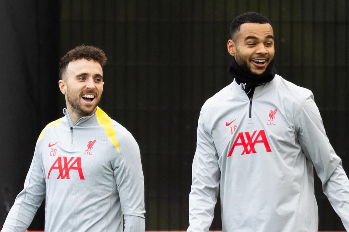 LIVERPOOL, ENGLAND - Monday, December 9, 2024: (L-R): Liverpool's Wataru End?, Diogo Jota, Cody Gakpo, Andy Robertson and captain Virgil van Dijk during a training session at the AXA Training Centre ahead of the UEFA Champions League match between Girona FC and Liverpool FC. (Photo by Jessica Hornby/Propaganda)