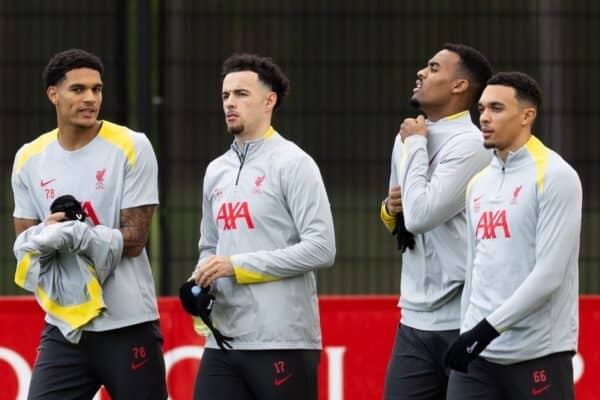 LIVERPOOL, ENGLAND - Monday, December 9, 2024: Liverpool's (L-R) Jarell Quansah, Curtis Jones, Ryan Gravenberch, Trent Alexander-Arnold during a training session at the AXA Training Centre ahead of the UEFA Champions League match between Girona FC and Liverpool FC. (Photo by Jessica Hornby/Propaganda)