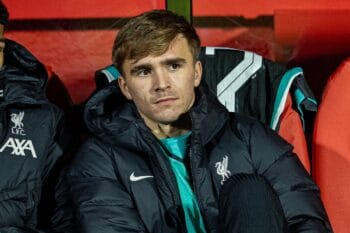 GIRONA, SPAIN - Tuesday, December 10, 2024: Liverpool's Jarell Quansah (L) and James Norris on the bench before the UEFA Champions League game between Girona FC and Liverpool FC at the Estadi Montilivi. Liverpool won 1-0. (Photo by David Rawcliffe/Propaganda) Football – UEFA Champions League – League Phase – Girona FC v Liverpool FC