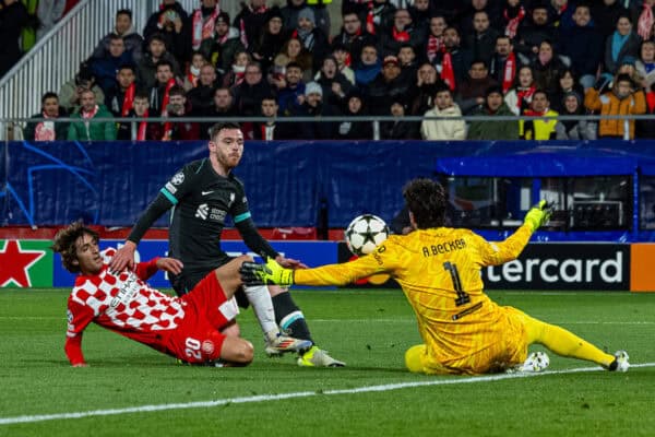 GIRONA, SPAIN - Tuesday, December 10, 2024: Liverpool's goalkeeper Alisson Becker makes a save from Girona's Bryan Gil during the UEFA Champions League game between Girona FC and Liverpool FC at the Estadi Montilivi. Liverpool won 1-0. (Photo by David Rawcliffe/Propaganda)