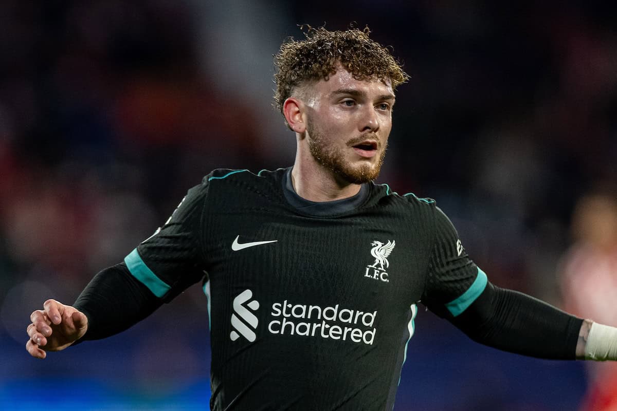 GIRONA, SPAIN - Tuesday, December 10, 2024: Liverpool's Harvey Elliott during the UEFA Champions League game between Girona FC and Liverpool FC at the Estadi Montilivi. Liverpool won 1-0. (Photo by David Rawcliffe/Propaganda)