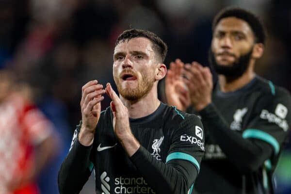 GIRONA, SPAIN - Tuesday, December 10, 2024: Liverpool's Andy Robertson applauds the supporters after the UEFA Champions League game between Girona FC and Liverpool FC at the Estadi Montilivi. Liverpool won 1-0. (Photo by David Rawcliffe/Propaganda)