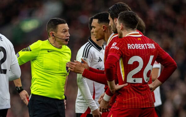 LIVERPOOL, ENGLAND - Saturday, December 14, 2024: Referee Tony Harrington speaks to Liverpool's Andy Robertson after showing him a red card and sending him off during the FA Premier League match between Liverpool FC and Fulham FC at Anfield. (Photo by David Rawcliffe/Propaganda)