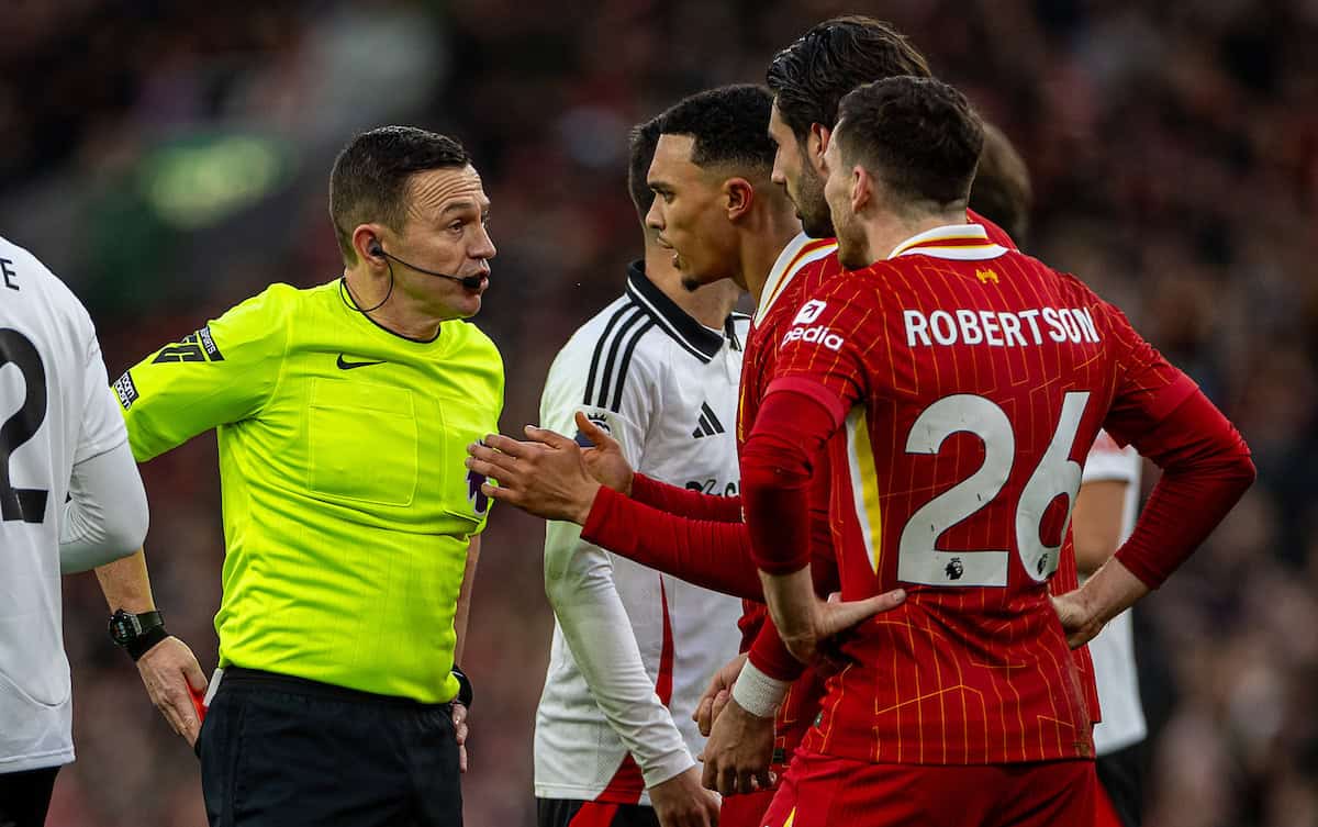 LIVERPOOL, ENGLAND - Saturday, December 14, 2024: Referee Tony Harrington speaks to Liverpool's Andy Robertson after showing him a red card and sending him off during the FA Premier League match between Liverpool FC and Fulham FC at Anfield. (Photo by David Rawcliffe/Propaganda)