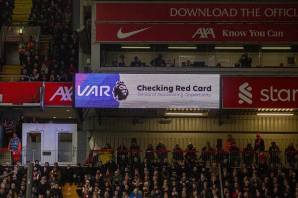 LIVERPOOL, ENGLAND - Saturday, December 14, 2024: The scoreboard shows a VAR check for a red card during the FA Premier League match between Liverpool FC and Fulham FC at Anfield. (Photo by David Rawcliffe/Propaganda)