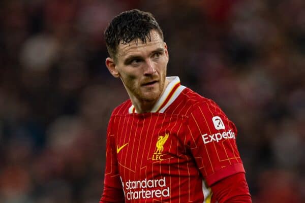 LIVERPOOL, ENGLAND - Saturday, December 14, 2024: Liverpool's Andy Robertson walks off after being shown a red card and sent off during the FA Premier League match between Liverpool FC and Fulham FC at Anfield. (Photo by David Rawcliffe/Propaganda)