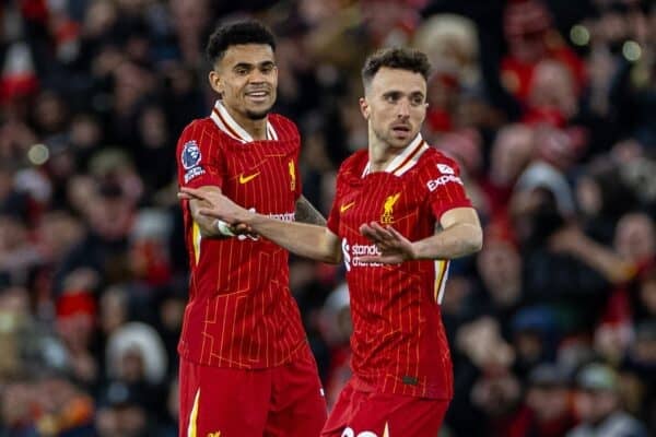 LIVERPOOL, ENGLAND - Saturday, December 14, 2024: Liverpool's Diogo Jota (R) celebrates with team-mate Luis Díaz after scoring his side's second equalising goal during the FA Premier League match between Liverpool FC and Fulham FC at Anfield. (Photo by David Rawcliffe/Propaganda)
