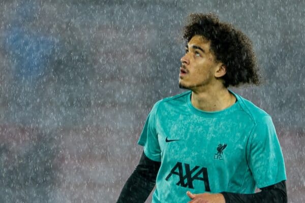SOUTHAMPTON, ENGLAND - Tuesday, December 17, 2024: Liverpool's Jayden Danns during the pre-match warm-up before the Football League Cup Quarter-Final match between Southampton FC and Liverpool FC at St Mary's Stadium. (Photo by David Rawcliffe/Propaganda)