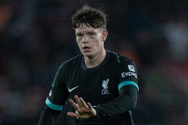 SOUTHAMPTON, ENGLAND - Tuesday, December 17, 2024: Liverpool's James McConnell during the Football League Cup Quarter-Final match between Southampton FC and Liverpool FC at St Mary's Stadium. (Photo by David Rawcliffe/Propaganda)