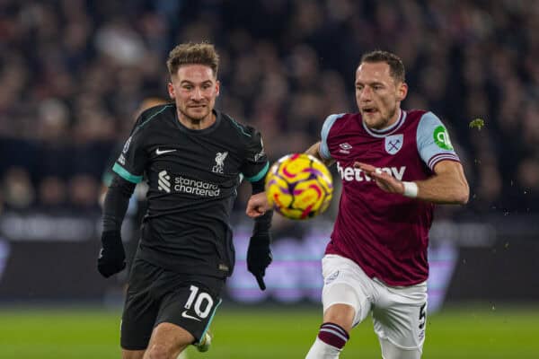 LONDON, ENGLAND - Sunday, December 29, 2024: Liverpool's Alexis Mac Allister (L) and West Ham United's Vladimír Coufal during the FA Premier League match between West Ham United FC and Liverpool FC at the London Stadium. Liverpool won 5-0. (Photo by David Rawcliffe/Propaganda)