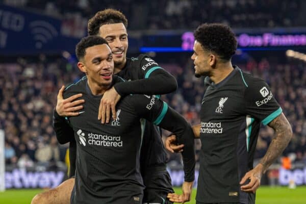 LONDON, ENGLAND - Sunday, December 29, 2024: Liverpool's Trent Alexander-Arnold celebrates with team-mate Curtis Jones and Luis Díaz after scoring the fourth goal during the FA Premier League match between West Ham United FC and Liverpool FC at the London Stadium. Liverpool won 5-0. (Photo by David Rawcliffe/Propaganda)