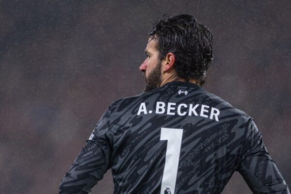 LIVERPOOL, ENGLAND - Sunday, January 5, 2025: Liverpool's number one goalkeeper Alisson Becker during the FA Premier League match between Liverpool FC and Manchester United FC at Anfield. The game ended in a 2-2 draw. (Photo by David Rawcliffe/Propaganda)