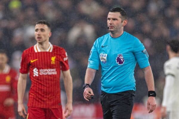LIVERPOOL, ENGLAND - Sunday, January 5, 2025: Referee Michael Oliver heads to the VAR screen to make a VAR review before awarding Liverpool a penalty during the FA Premier League match between Liverpool FC and Manchester United FC at Anfield. The game ended in a 2-2 draw. (Photo by David Rawcliffe/Propaganda)