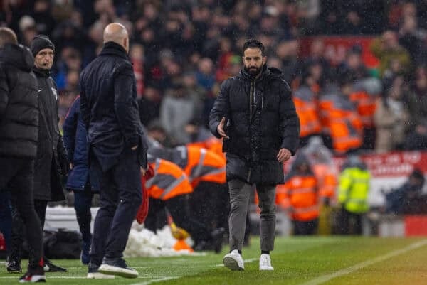 LIVERPOOL, ENGLAND - Sunday, January 5, 2025: Manchester United's manager Ruben Amorim walks to shake hands with Liverpool's head coach Arne Slot after the FA Premier League match between Liverpool FC and Manchester United FC at Anfield. The game ended in a 2-2 draw. (Photo by David Rawcliffe/Propaganda)