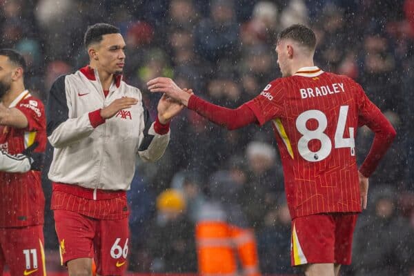 LIVERPOOL, ENGLAND - Sunday, January 5, 2025: Liverpool's Trent Alexander-Arnold and Conor Bradley after the FA Premier League match between Liverpool FC and Manchester United FC at Anfield. The game ended in a 2-2 draw. (Photo by David Rawcliffe/Propaganda)