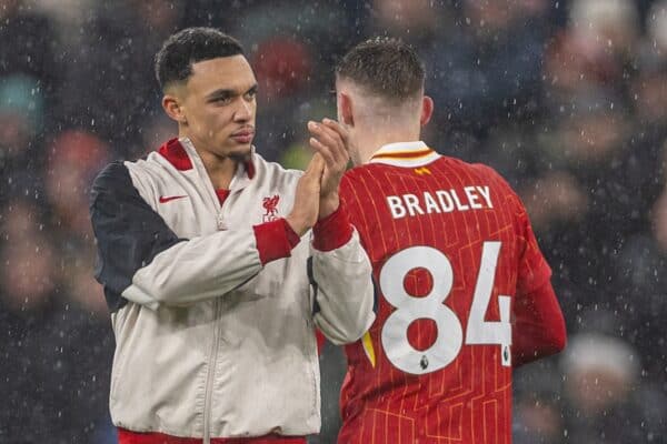 LIVERPOOL, ENGLAND - Sunday, January 5, 2025: Liverpool's Trent Alexander-Arnold applauds the supporters after the FA Premier League match between Liverpool FC and Manchester United FC at Anfield. The game ended in a 2-2 draw. (Photo by David Rawcliffe/Propaganda)