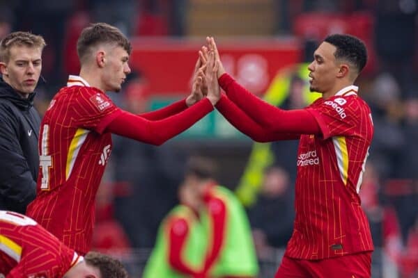 LIVERPOOL, ENGLAND - Saturday, January 11, 2025: Liverpool's Trent Alexander-Arnold (R) is replaced by substitute Conor Bradley during the FA Cup 3rd Round match between Liverpool FC and Accrington Stanley FC at Anfield. Liverpool won 4-0. (Photo by David Rawcliffe/Propaganda)