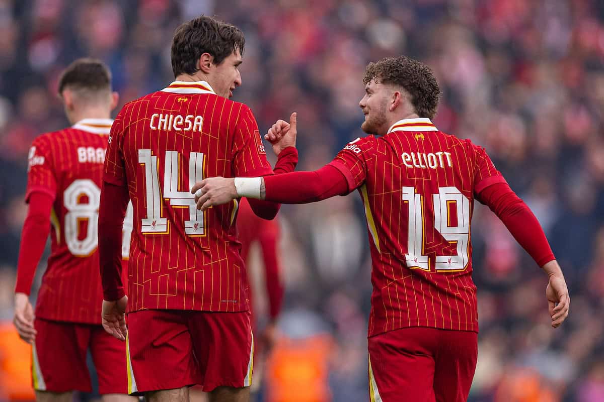 LIVERPOOL, ENGLAND - Saturday, January 11, 2025: Liverpool's Federico Chiesa (L) celebrates with team-mate Harvey Elliott after scoring the fourth goal during the FA Cup 3rd Round match between Liverpool FC and Accrington Stanley FC at Anfield. Liverpool won 4-0. (Photo by David Rawcliffe/Propaganda)