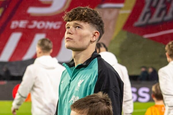 EINDHOVEN, NETHERLANDS - Wednesday, January 29, 2025: Liverpool's James McConnell (L) and Jayden Danns walk out before during the UEFA Champions League Matchday 8 game between PSV Eindhoven and Liverpool FC at the Philips Stadion. (Photo by David Rawcliffe/Propaganda)
