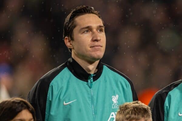 EINDHOVEN, NETHERLANDS - Wednesday, January 29, 2025: Liverpool's Federico Chiesa (L) and Kostas Tsimikas (R) line-up before the UEFA Champions League Matchday 8 game between PSV Eindhoven and Liverpool FC at the Philips Stadion. (Photo by David Rawcliffe/Propaganda)