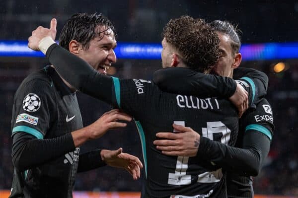 EINDHOVEN, NETHERLANDS - Wednesday, January 29, 2025: Liverpool's Harvey Elliott (C) celebrates with team-mates Federico Chiesa (L) and Kostas Tsimikas (R) after scoring the second goal during the UEFA Champions League Matchday 8 game between PSV Eindhoven and Liverpool FC at the Philips Stadion. (Photo by David Rawcliffe/Propaganda)