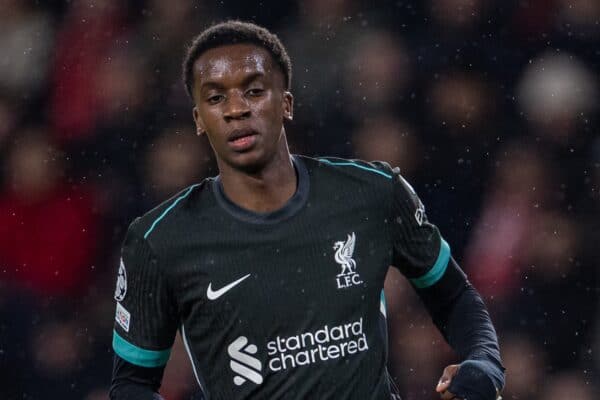 EINDHOVEN, NETHERLANDS - Wednesday, January 29, 2025: Liverpool's Trey Nyoni during the UEFA Champions League Matchday 8 game between PSV Eindhoven and Liverpool FC at the Philips Stadion. (Photo by David Rawcliffe/Propaganda)