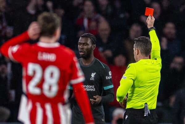 EINDHOVEN, NETHERLANDS - Wednesday, January 29, 2025: Liverpool's Amara Nallo is shown a red card and sent off by referee Tobias Stieler during the UEFA Champions League Matchday 8 game between PSV Eindhoven and Liverpool FC at the Philips Stadion. (Photo by David Rawcliffe/Propaganda)