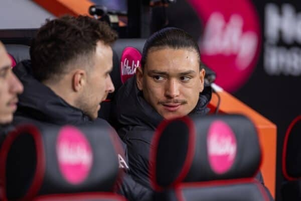 BOURNEMOUTH, ENGLAND - Saturday, February 1, 2025: Liverpool's substitute Darwin Núñez on the bench before the FA Premier League match between AFC Bournemouth and Liverpool FC at Dean Court. Liverpool won 2-0. (Photo by David Rawcliffe/Propaganda)