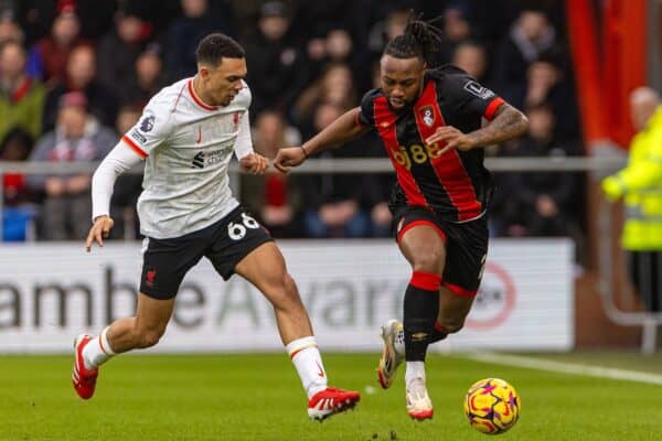 BOURNEMOUTH, ENGLAND - Saturday, February 1, 2025: Liverpool's Trent Alexander-Arnold (L) challenges AFC Bournemouth's Antoine Semenyo during the FA Premier League match between AFC Bournemouth and Liverpool FC at Dean Court. Liverpool won 2-0. (Photo by David Rawcliffe/Propaganda)